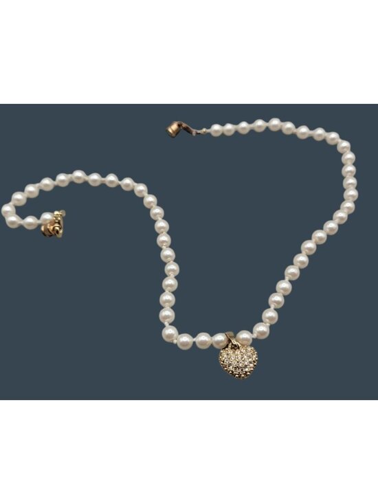 Unbranded Jewelry - Faux Pearl Rhinestone Heart Pendant Necklace 17" Opalescent Hand Knotted Beads